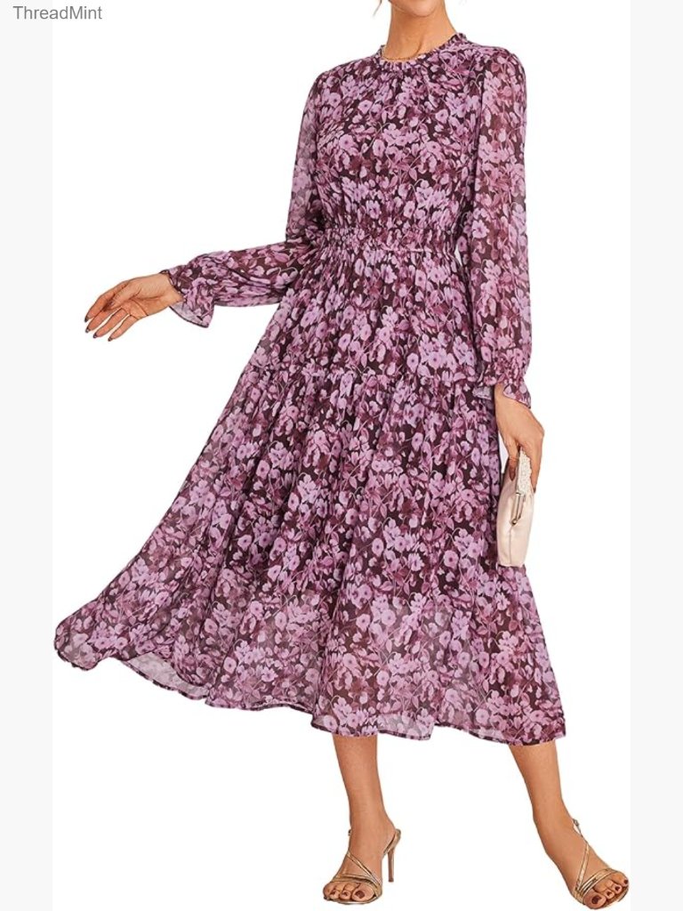 Long Sleeve Maxi Dress With Pockets, Chiffon Flowy Formal Wear
